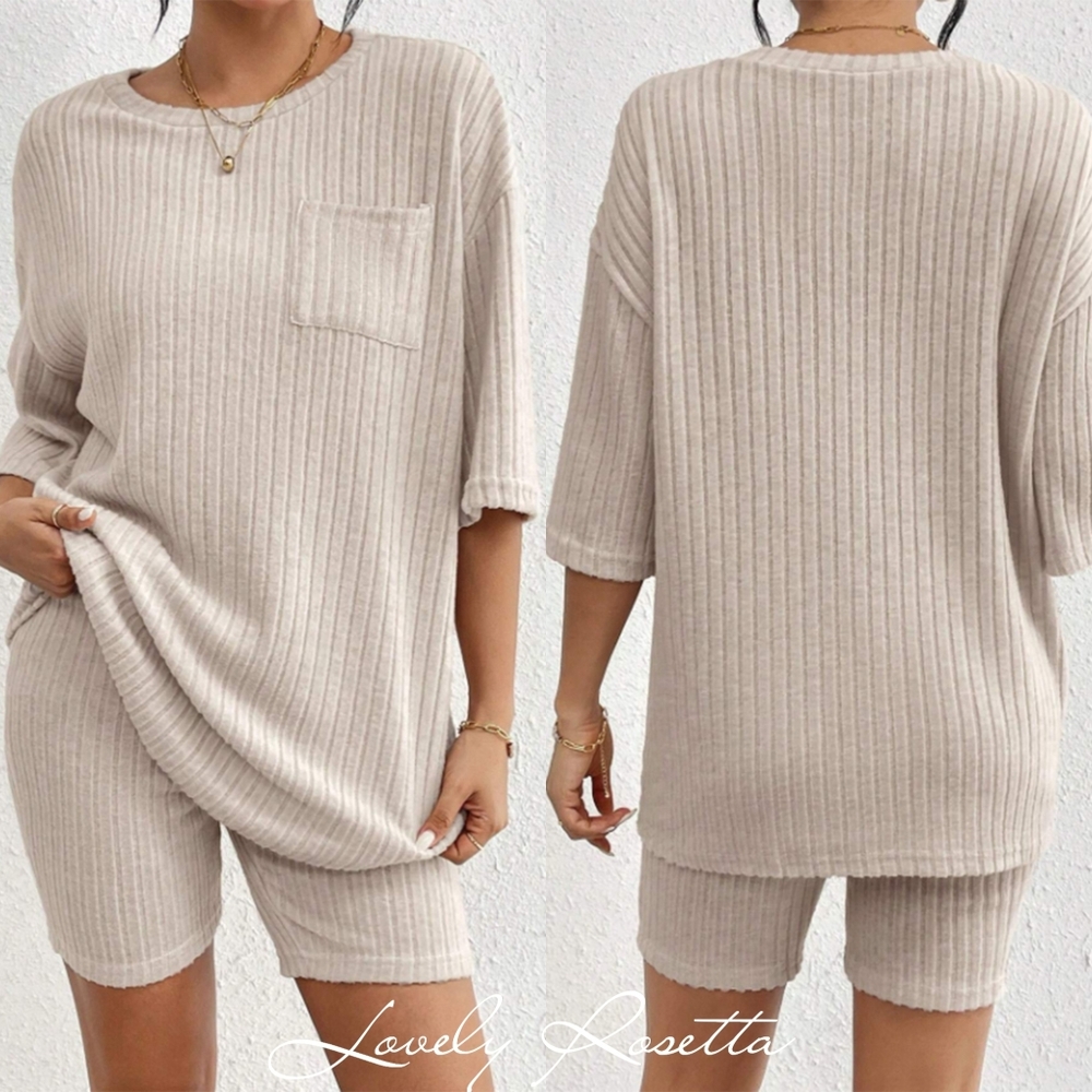 Beige Women's Ribbed Shorts Set - Picture 8 of 13